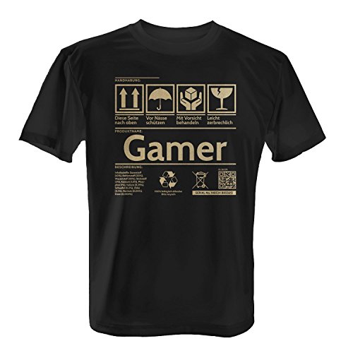 Fashionalarm Herren T-Shirt - Etikett - Gamer | Fun Shirt Fragile Versandetikett | Geschenk Idee Zocker Computer Spieler Online Game PC Hobby, Farbe:schwarz;Größe:4XL von Fashionalarm
