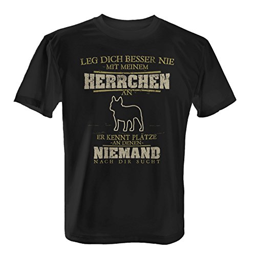 Fashionalarm Herren T-Shirt - French Bulldog - Leg Dich Besser nie mit Meinem Herrchen an | Fun Shirt Spruch Geschenk Idee Französische Bulldogge, Farbe:schwarz;Größe:4XL von Fashionalarm