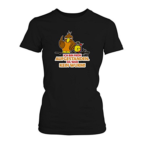 Fashionalarm Ich Bin früh aufgestanden. Da war kein Wurm! - Damen T-Shirt Fun Shirt Spruch Spaß Morgenmuffel Frühaufsteher Vogel Job Arbeit, Farbe:schwarz;Größe:3XL von Fashionalarm