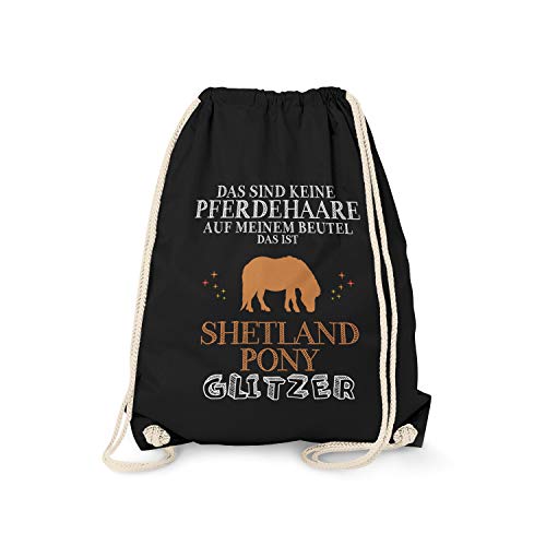 Fashionalarm Turnbeutel - Das sind Keine Pferdehaare - Shetlandpony Glitzer | Rucksack Sport-Beutel mit Spruch Geschenk Pferde-Liebhaber Reiten, Schwarz One Size von Fashionalarm