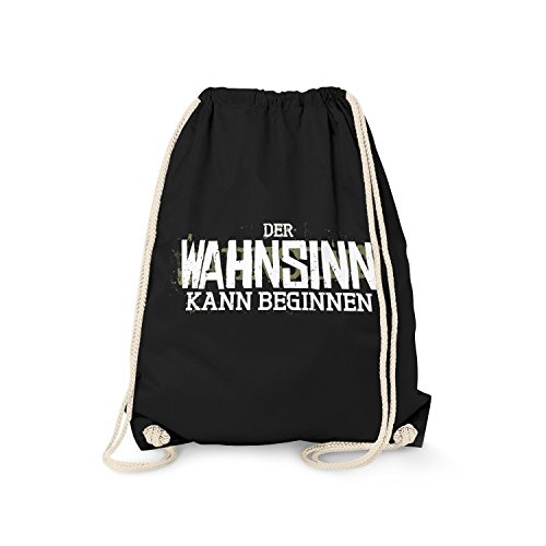 Fashionalarm Turnbeutel - Der Wahnsinn kann beginnen | Fun Rucksack mit lustigem Spruch für Job Arbeit Beruf, Schwarz One Size von Fashionalarm