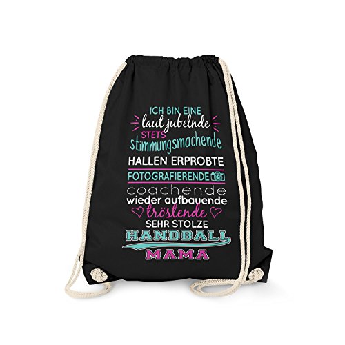 Fashionalarm Turnbeutel - Ich Bin eine stolze Handball Mama | Fun Rucksack mit Spruch als Geschenk Idee Spieler Mutti Mutter Kinder Sport Verein, Schwarz One Size von Fashionalarm