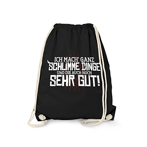 Fashionalarm Turnbeutel - Ich mach ganz schlimme Dinge | Fun Rucksack mit lustigem Spruch & Teufel Motiv für Party Feiern gehen Arbeit Beruf Job, Schwarz One Size von Fashionalarm