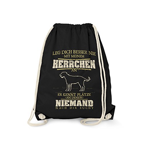 Fashionalarm Turnbeutel - Irischer Wolfshund - Leg Dich nie mit Meinem Herrchen an | Fun Rucksack lustige Spruch als Geschenk Idee Hunde Besitzer, Schwarz One Size von Fashionalarm