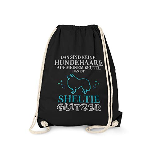 Fashionalarm Turnbeutel - Keine Hundehaare - Sheltie Glitzer | Fun Rucksack Sport-Beutel mit Spruch lustige Geschenk-Idee Hunde-Besitzer, Schwarz One Size von Fashionalarm