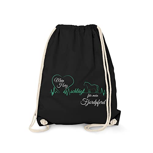 Fashionalarm Turnbeutel Mein Herz schlägt für Mein Fjordpferd Fun Rucksack Sport-Beutel mit Spruch & Motiv als Geschenk-Idee für Reiter-in, Schwarz One Size von Fashionalarm
