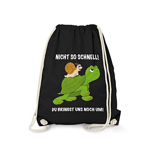 Fashionalarm Turnbeutel - Nicht so schnell | Fun Rucksack mit lustigem Spruch & Schnecken Schildkröten Motiv Auto Fahrer Tuner Raser, Schwarz One Size von Fashionalarm