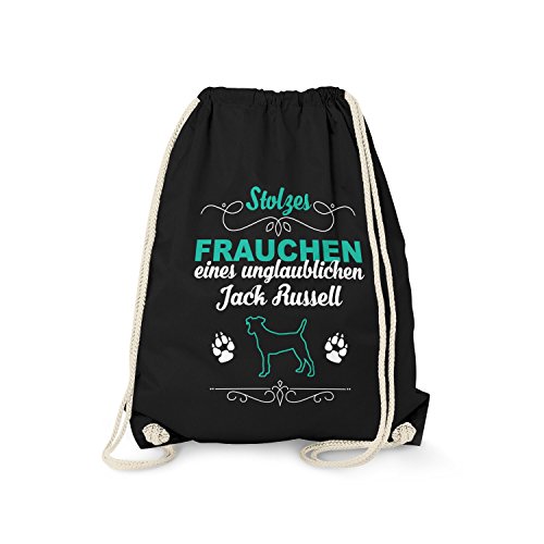 Fashionalarm Turnbeutel - Stolzes Frauchen eines unglaublichen Jack Russell | Fun Rucksack mit Spruch als Geschenk Idee für Rasse Hunde Besitzer, Schwarz One Size von Fashionalarm