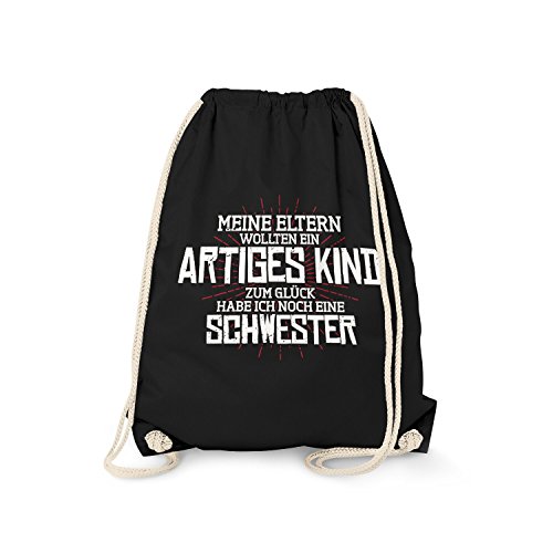 Fashionalarm Turnbeutel - Zum Glück Habe ich noch eine Schwester | Fun Rucksack mit lustigem Spruch als Geschenk Idee für Geschwister Bruder, Schwarz One Size von Fashionalarm