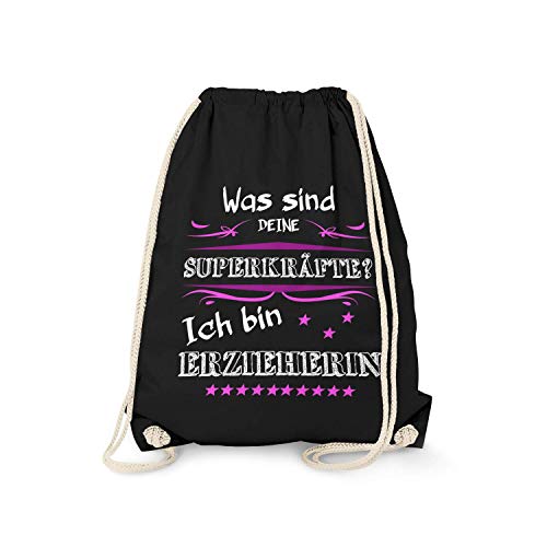 Fashionalarm Turnbeutel - was sind Deine Superkräfte Erzieherin | Fun Rucksack Spruch Geschenk Idee Kindergärtnerin Pädagogin Danke Sagen Arbeit, Schwarz One Size von Fashionalarm