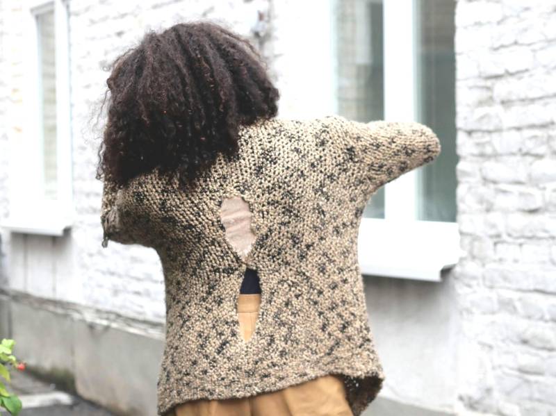 Elisa Cavaletti Vintage Bouclé Strick Strukturierter Cut-Out Cardigan Oversize Pullover Größe L von FashionforFables