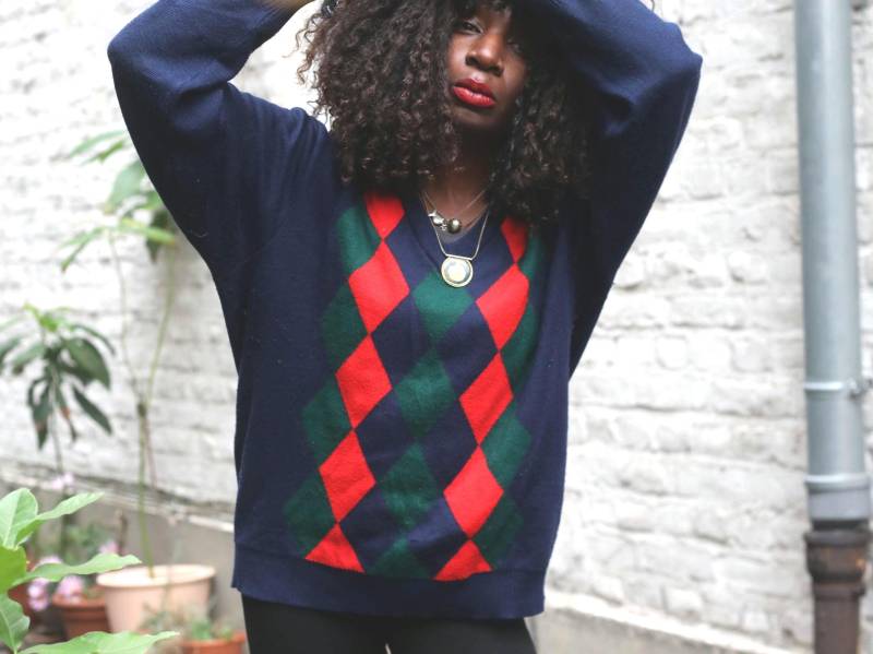 Vintage Navy Argyle Pullover Übergroßer Retro Strick Rot Grüner Preppy von FashionforFables