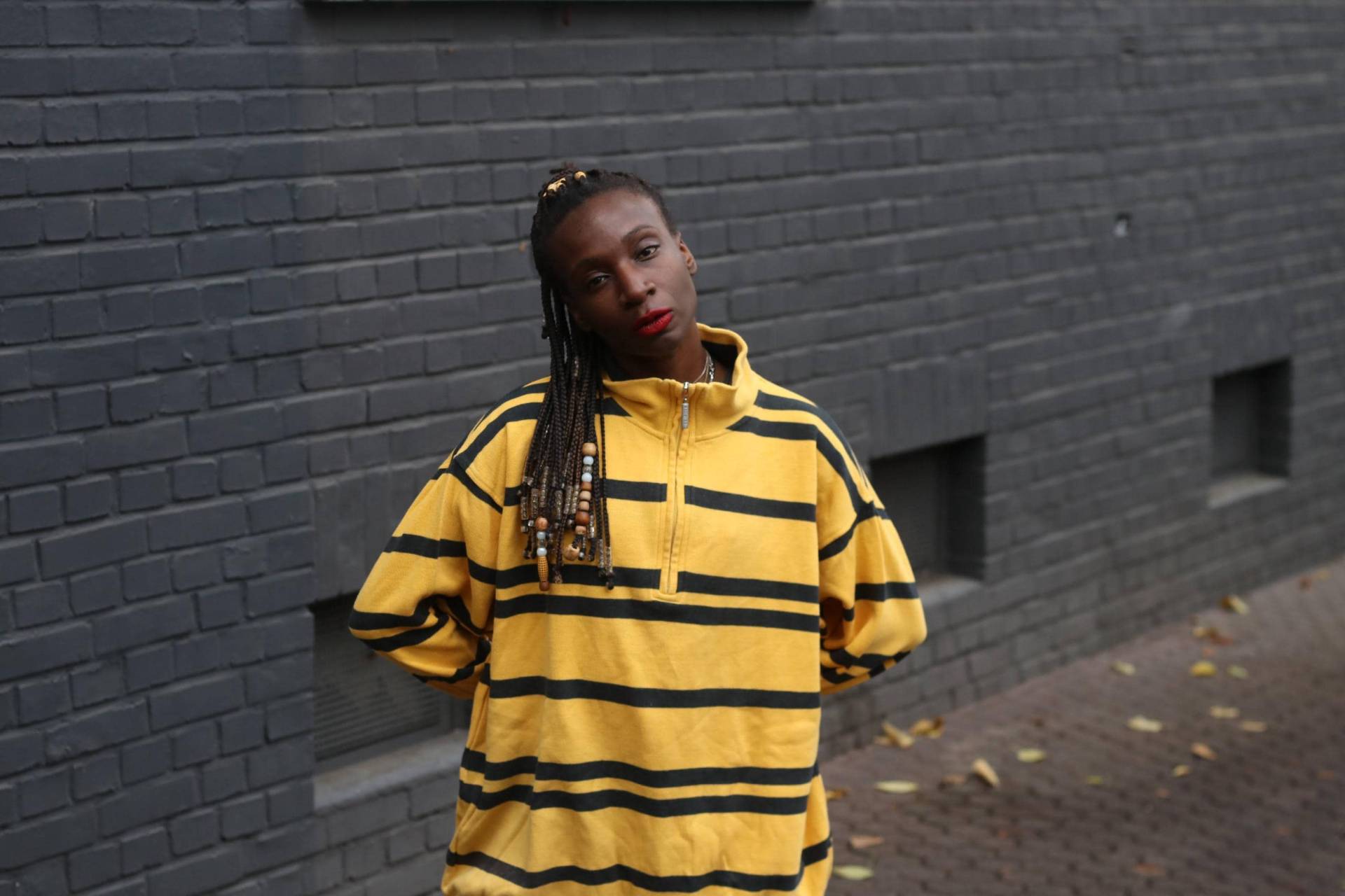 Vintage Striped Quarter Zip Sweatshirt Gelb Navy Baumwollmischung 90Er Jahre Pullover von FashionforFables