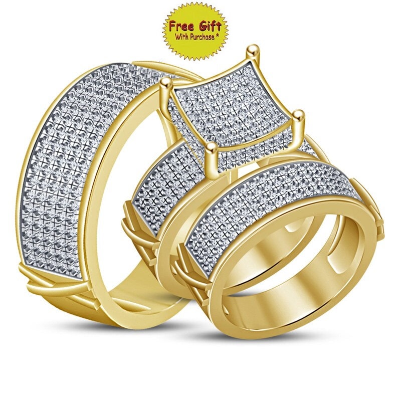 14K Gelbgold Finish 925 Sterling Silber Rundschnitt Cluster Diamant Ehering, Frauen Verlobung Braut Trio Ring Set, Bestes Geschenk Für Sie von FashionjewelsArt