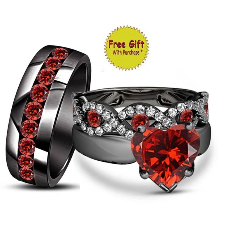 14K Schwarz Gold Finish Rundschnitt Roter Granat Diamant Verlobungsring Set Für Frauen, 925 Sterling Splitter, Brautring 14K Schwarz Gold Finish Rundschnitt Roter Granat Diamant Verlobungsring Set Für Frauen, 925 Sterling Splitter, Brautring von FashionjewelsArt