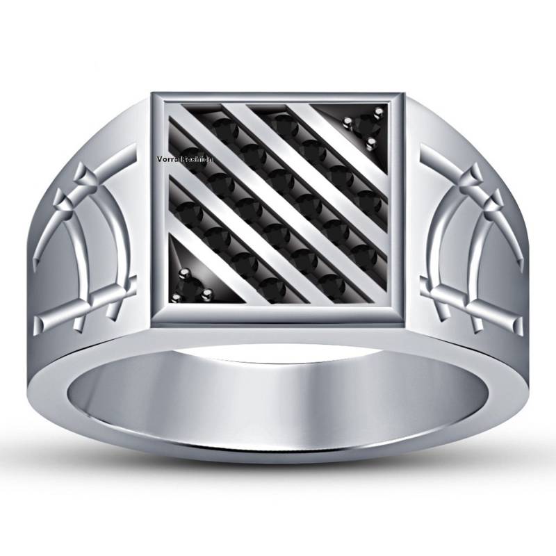 14K Weißgold Finish 925 Sterling Silber Rundschliff Schwarz Diamant Quadrat Form Herren Band Ring von FashionjewelsArt