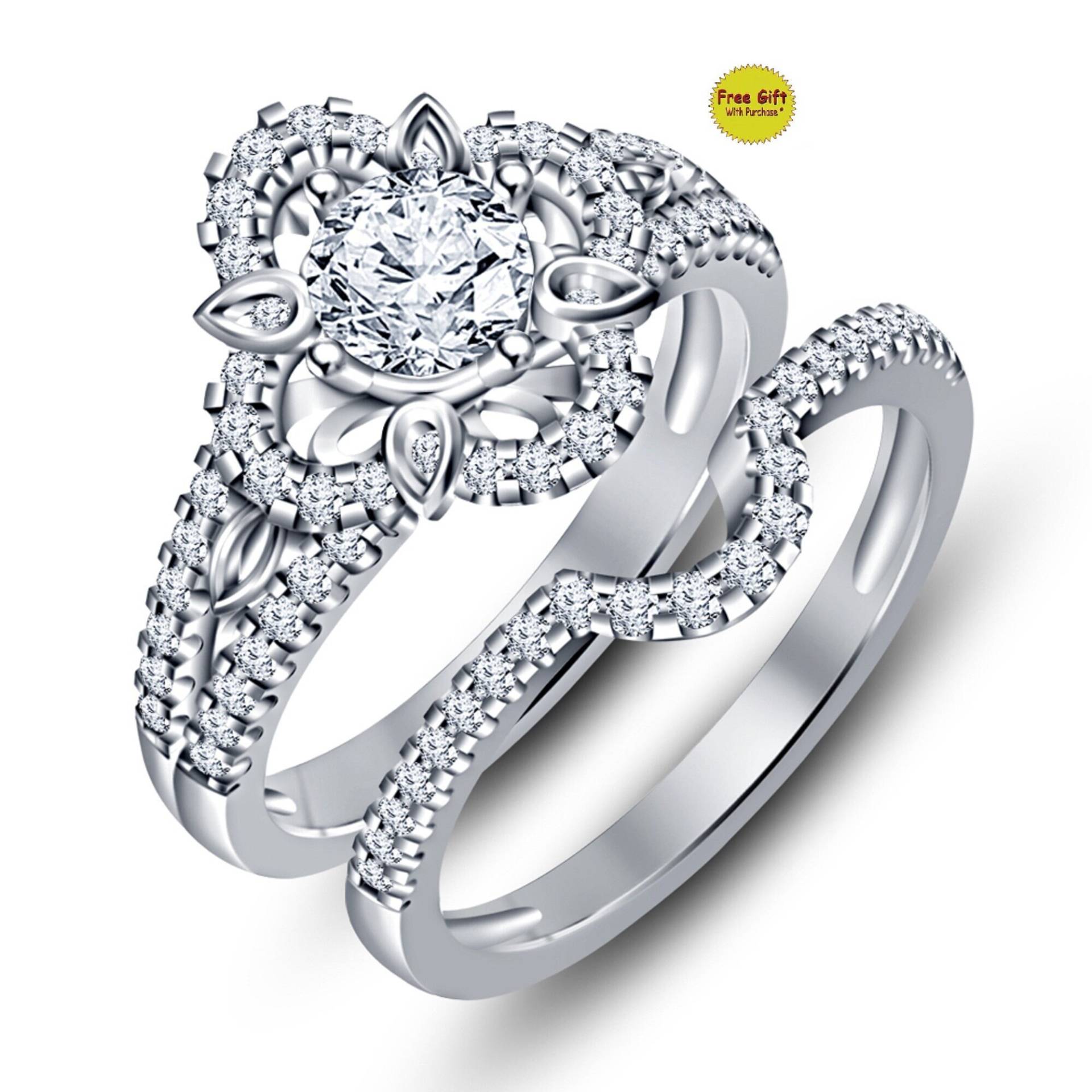 14K Weißgold Finish Rundschnitt Diamantring, Moissanite Verlobungsring Für Frauen, 925 Sterling Silber Blumenring Set von FashionjewelsArt