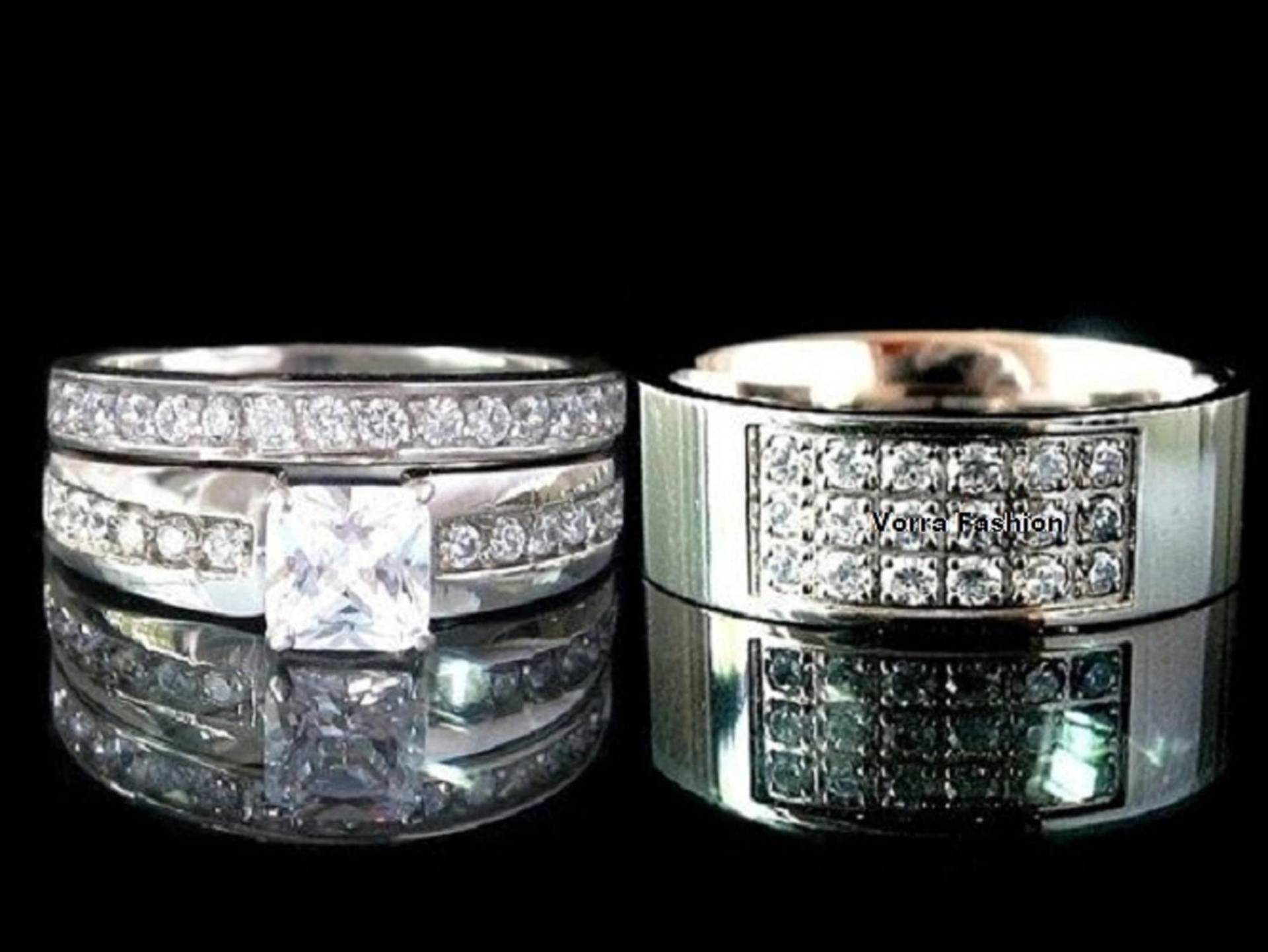 3 Stück Paar Brautring, 14K Weißgold Finish Diamant/Moissanite Hochzeit Braut Verlobung Trio Ring Set, Herren Bandring Damen von FashionjewelsArt