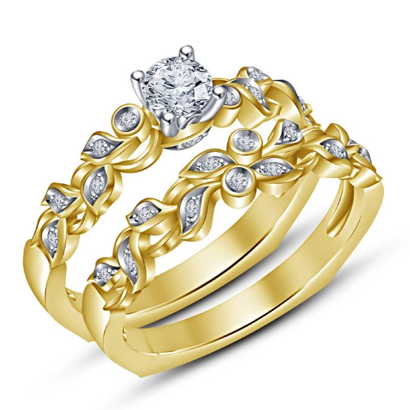 Art-Deco-Simulierter Diamant-Brautring-Set, 14K Gelbgold Überzogener Verlobungsring, Sterlingsilber-Blätterringe Für Frauen von FashionjewelsArt