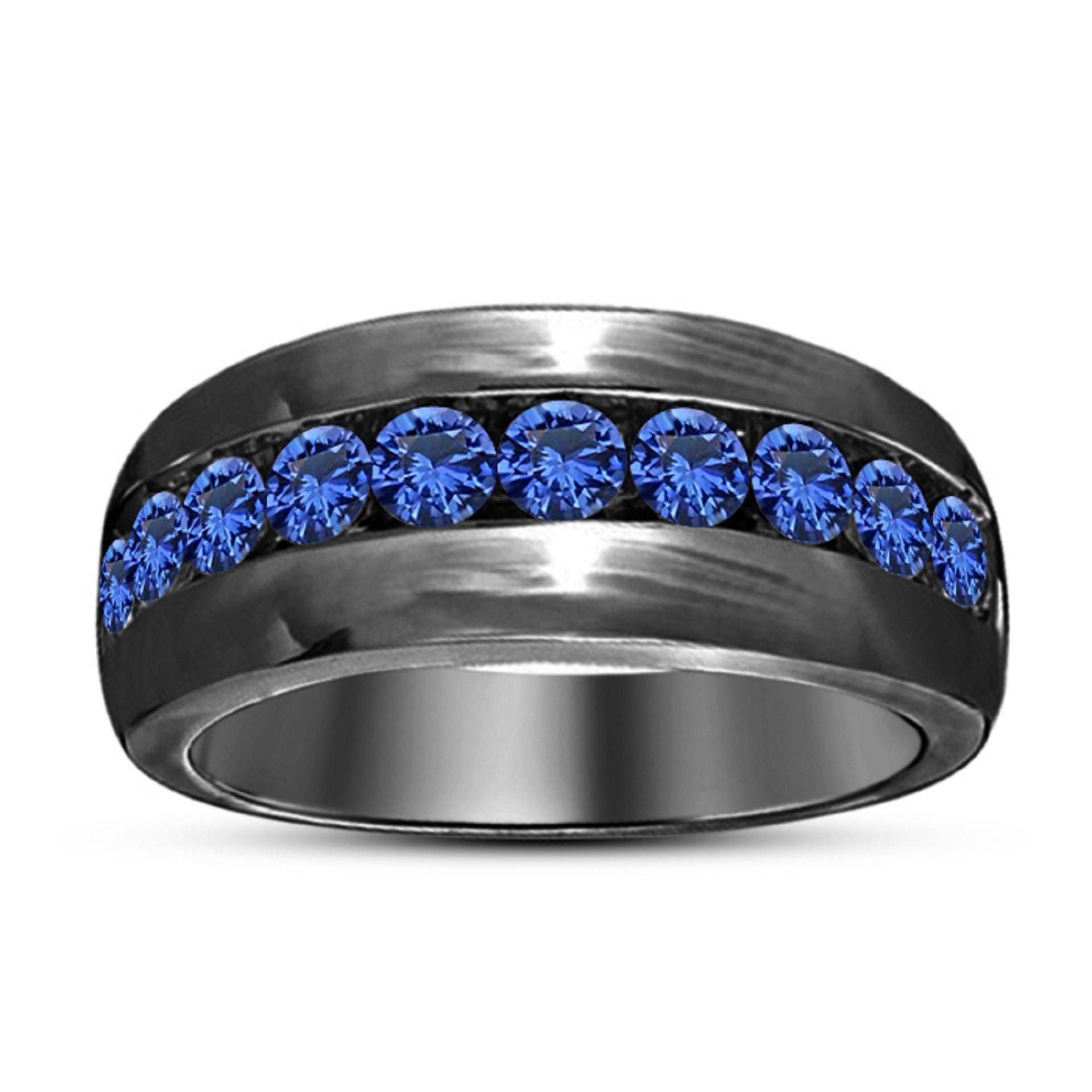 Blauer Saphir Herren Bandring, Hochzeitsjubiläum Ring Band 14K Schwarzgold Finish 925 Sterling Silber von FashionjewelsArt
