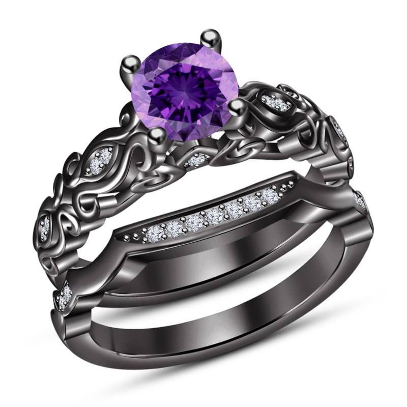 Damen Braut Verlobungsring Set Rundschliff Amethyst 14K Schwarz Gold Finish 925 Sterling Silber von FashionjewelsArt
