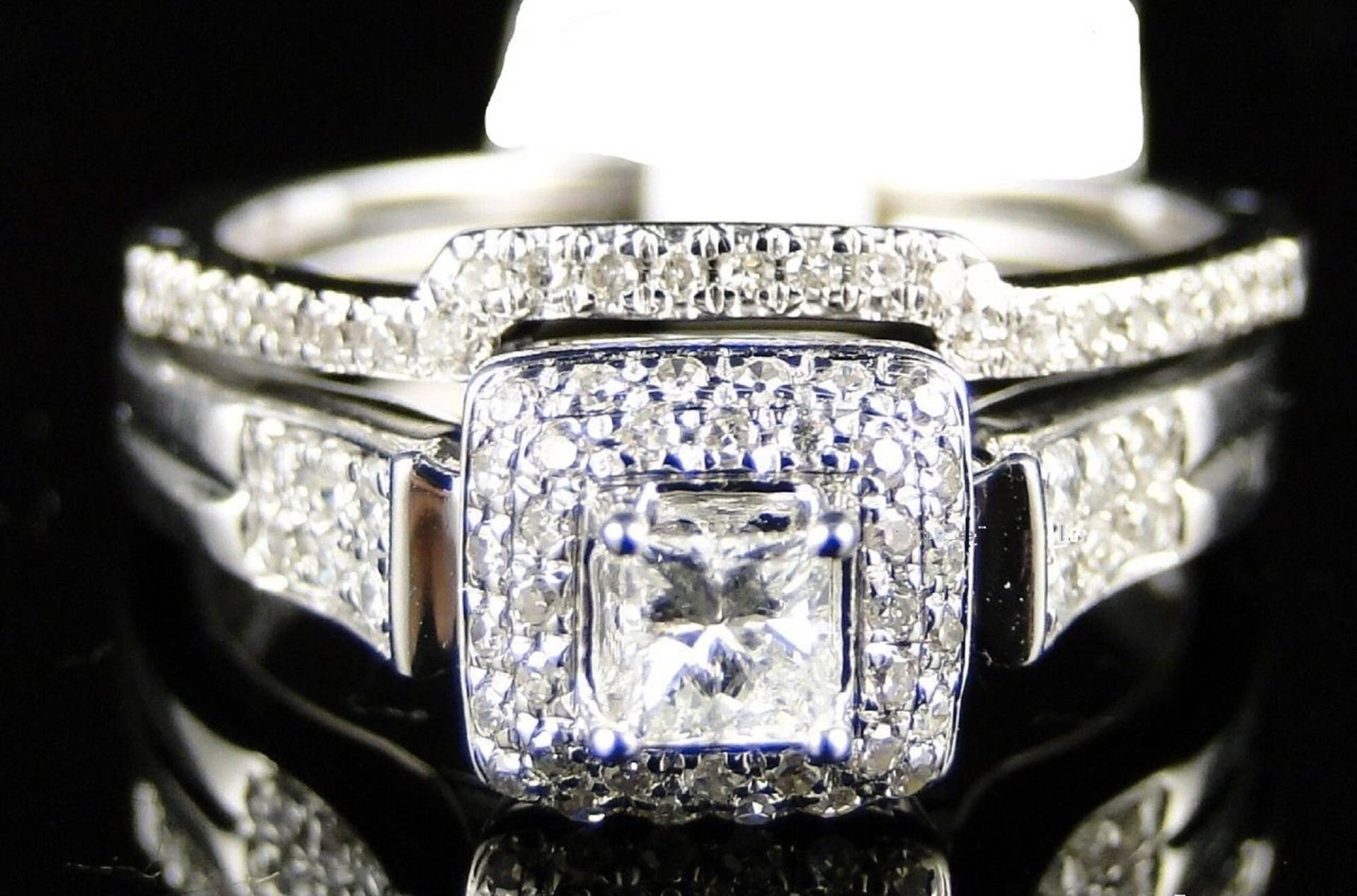 Damen Moissanit Verlobungsring Set, 14K Weißgold Finish Princess Cut Diamant Brautring 925 Sterling Splitter von FashionjewelsArt