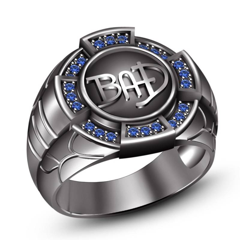 Hip Hop Ring Für Männer, Blauer Saphir Herrenring, Schwarz Gold 925 Reines Silber Rund Herrenring von FashionjewelsArt