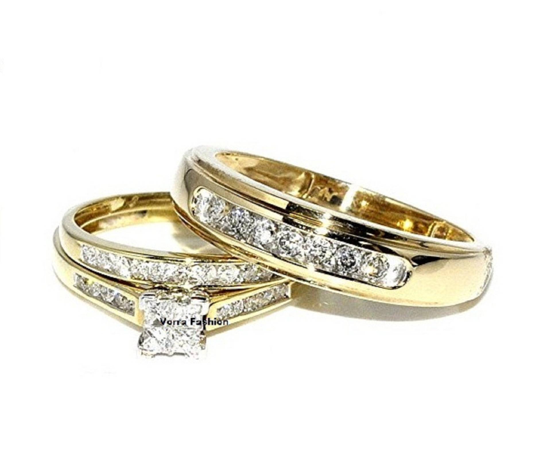 His & Her Passendes Ehering-Diamant-Trio-Set 14K Gelbgold-Verlobungsring von FashionjewelsArt
