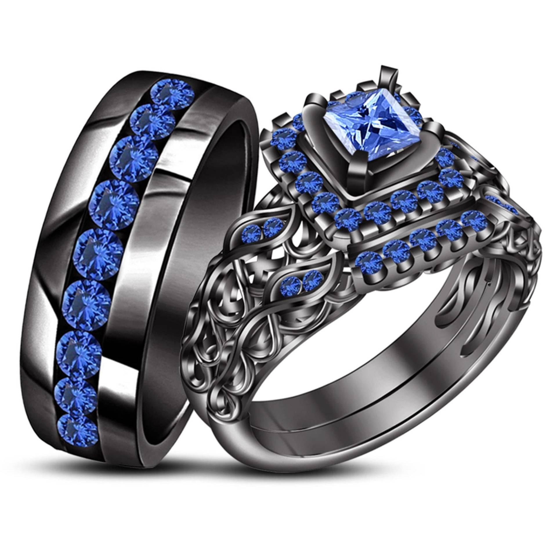 Männer Frauen Trio Ringe Set Blauer Saphir Hochzeit Band Ehe 14K Schwarz Gold Über von FashionjewelsArt