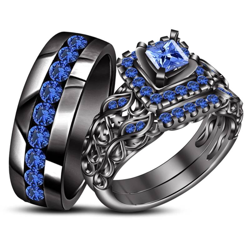 Männer Frauen Trio Ringe Set Blauer Saphir Hochzeit Band Ehe 14K Schwarz Gold Über von FashionjewelsArt
