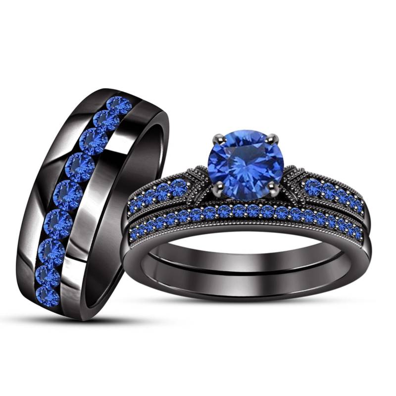Runder Blauer Saphir Seine & Sie Hochzeit Trio Ring Set, 14K Schwarzgold Finish 925 Massiv Silber Für Männer Und Frauen Diamant von FashionjewelsArt