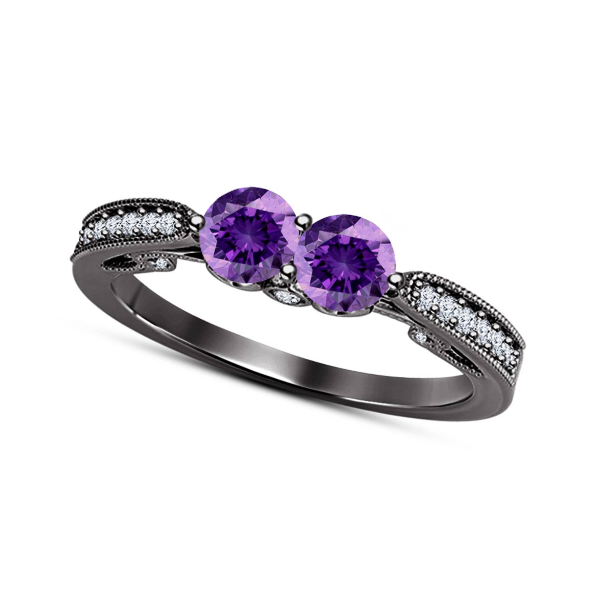 Rundschliff Amethyst 14K Schwarz Vergoldet 925 Sterling Silber Damen Zwei Stein Ehering von FashionjewelsArt