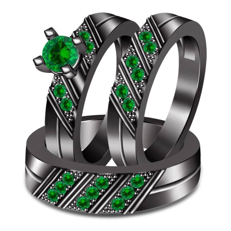 Seine Sie Männer Frauen 3 Stück Grün Sapphire Hochzeit Trio Ring Set 10K Schwarzgold Überzogen von FashionjewelsArt