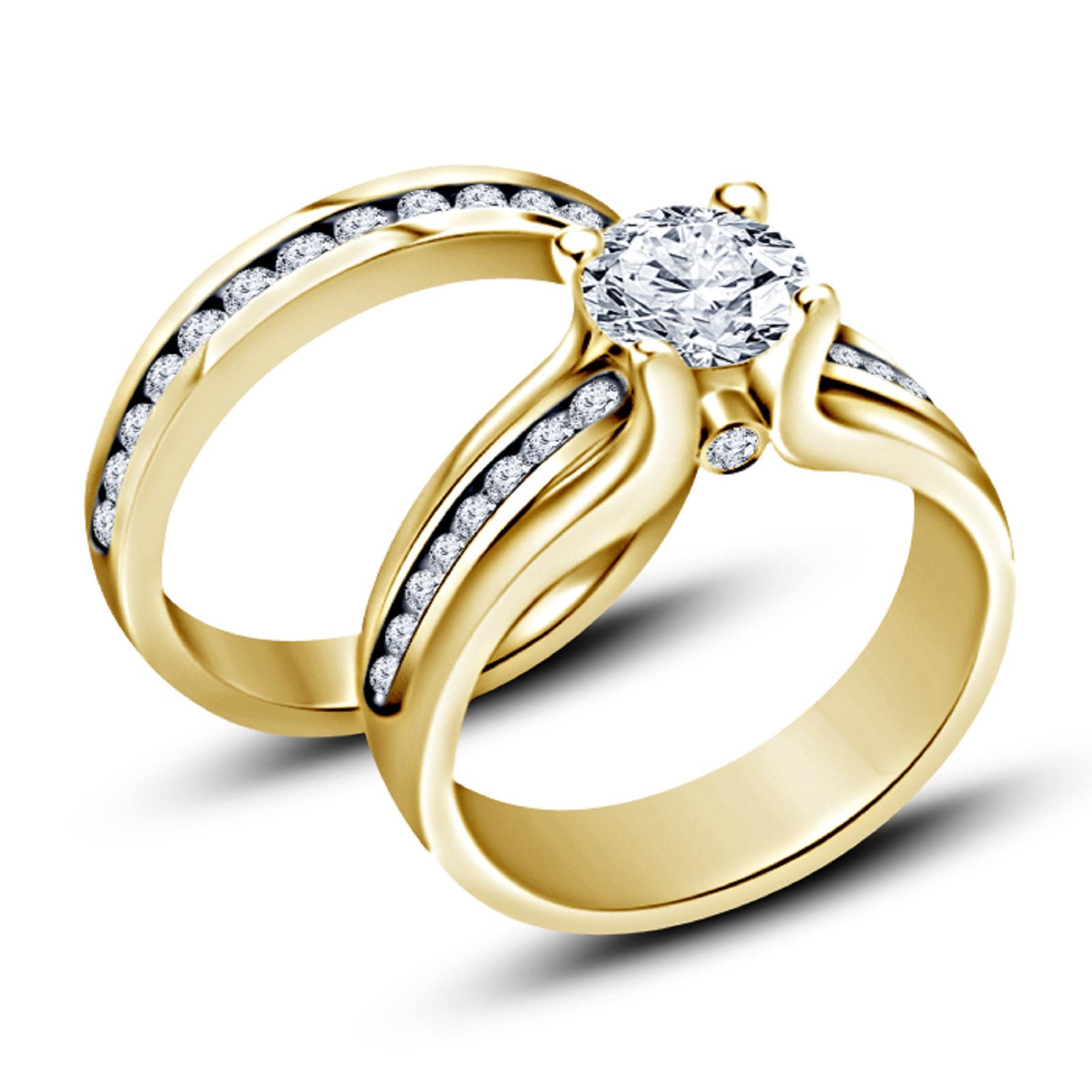 Unikat Brautring Set Weiß Rundschliff Cz Ehering 925 Sterling Silber 14K Gelb Vergoldet von FashionjewelsArt