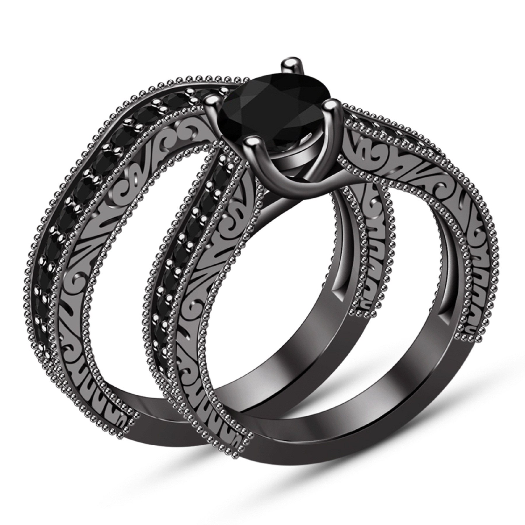 sterling Silber Ring Set, Black Diamond Schwarz Gold Über 2-Teiliges Braut Ehering Verlobungsring Set von FashionjewelsArt