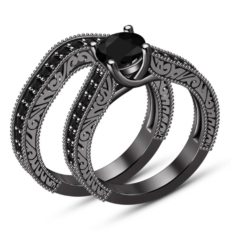 sterling Silber Ring Set, Black Diamond Schwarz Gold Über 2-Teiliges Braut Ehering Verlobungsring Set sterling Silber Ring Set, Black Diamond Schwarz Gold Über 2-Teiliges Braut Ehering Verlobungsring Set von FashionjewelsArt