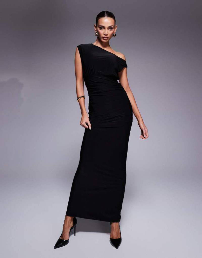 Fashionkilla - Ärmelloses, gerafftes und geschmeidiges Bodycon-Maxikleid in Schwarz mit zweilagigem, asymmetrischem Ausschnitt von Fashionkilla