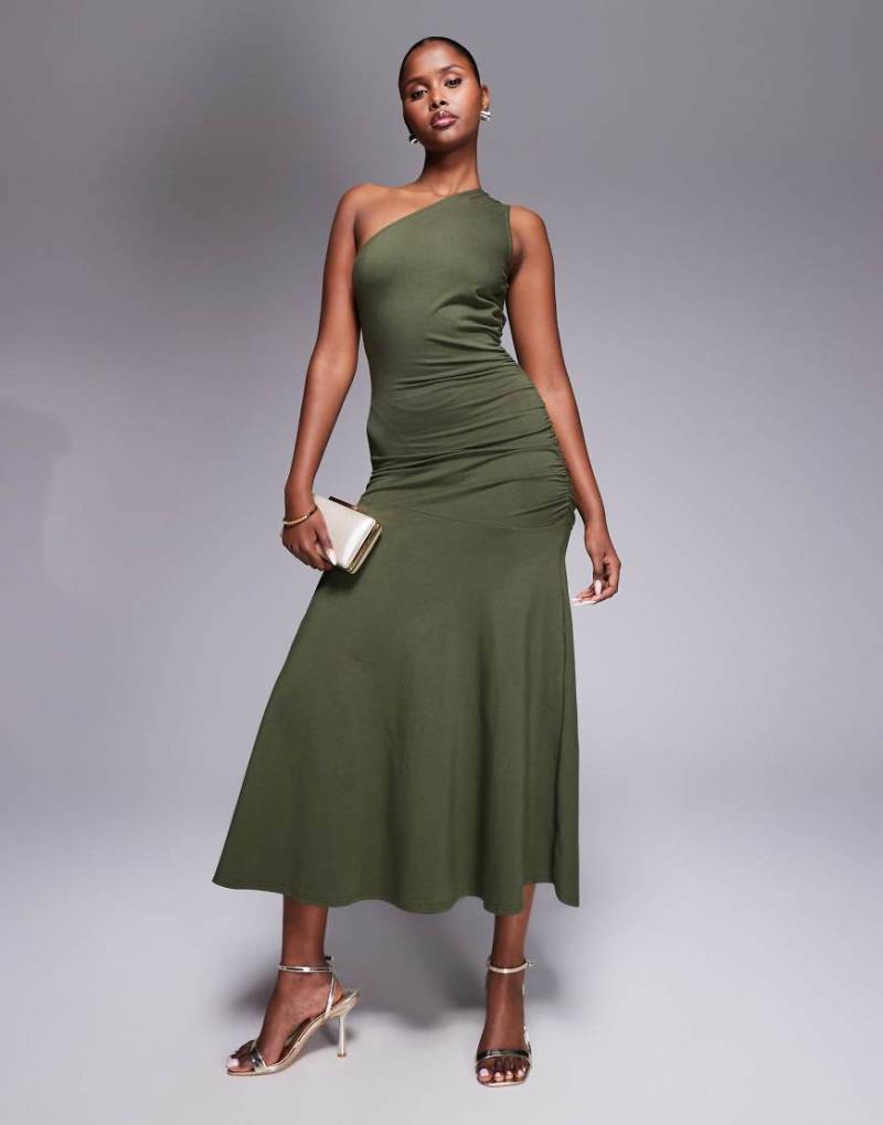 Fashionkilla - Baumwoll-Maxikleid in Khaki mit One-Shoulder-Träger und seitlicher Raffung-Grün von Fashionkilla
