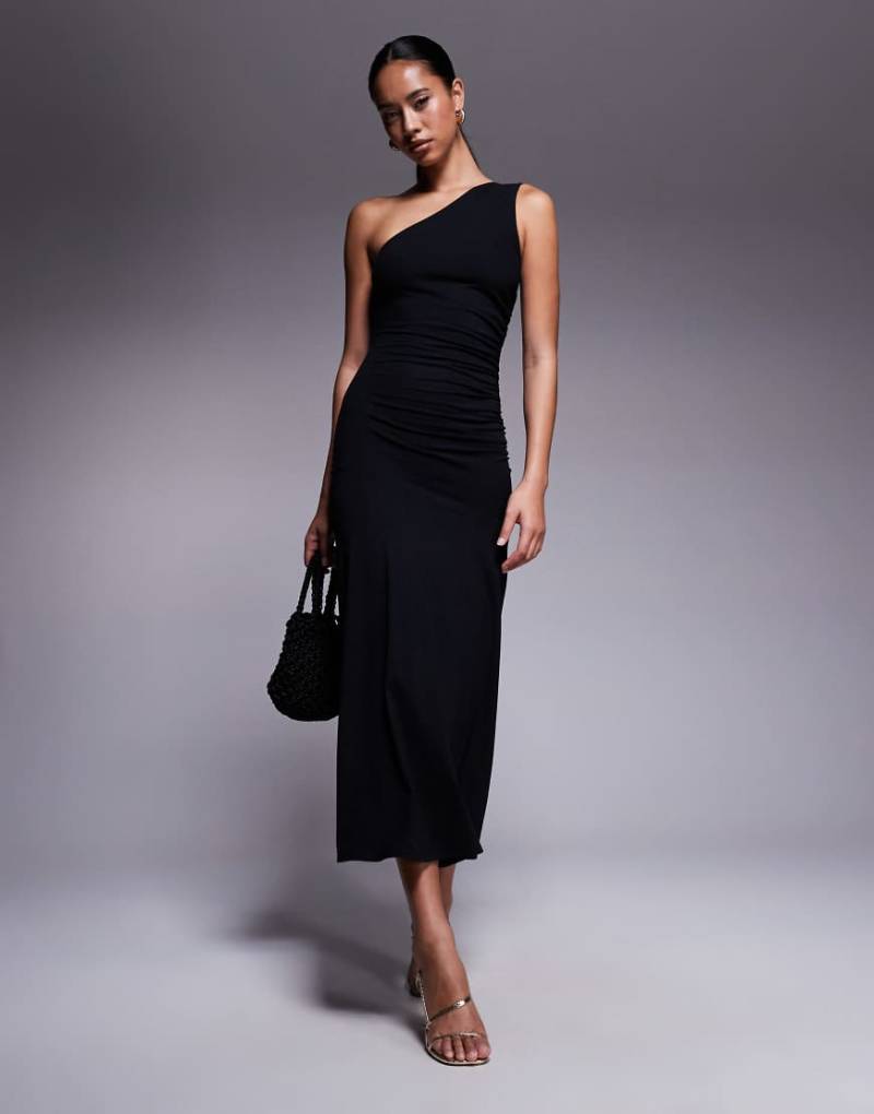Fashionkilla - Baumwoll-Maxikleid in Schwarz mit One-Shoulder-Träger und seitlicher Raffung von Fashionkilla