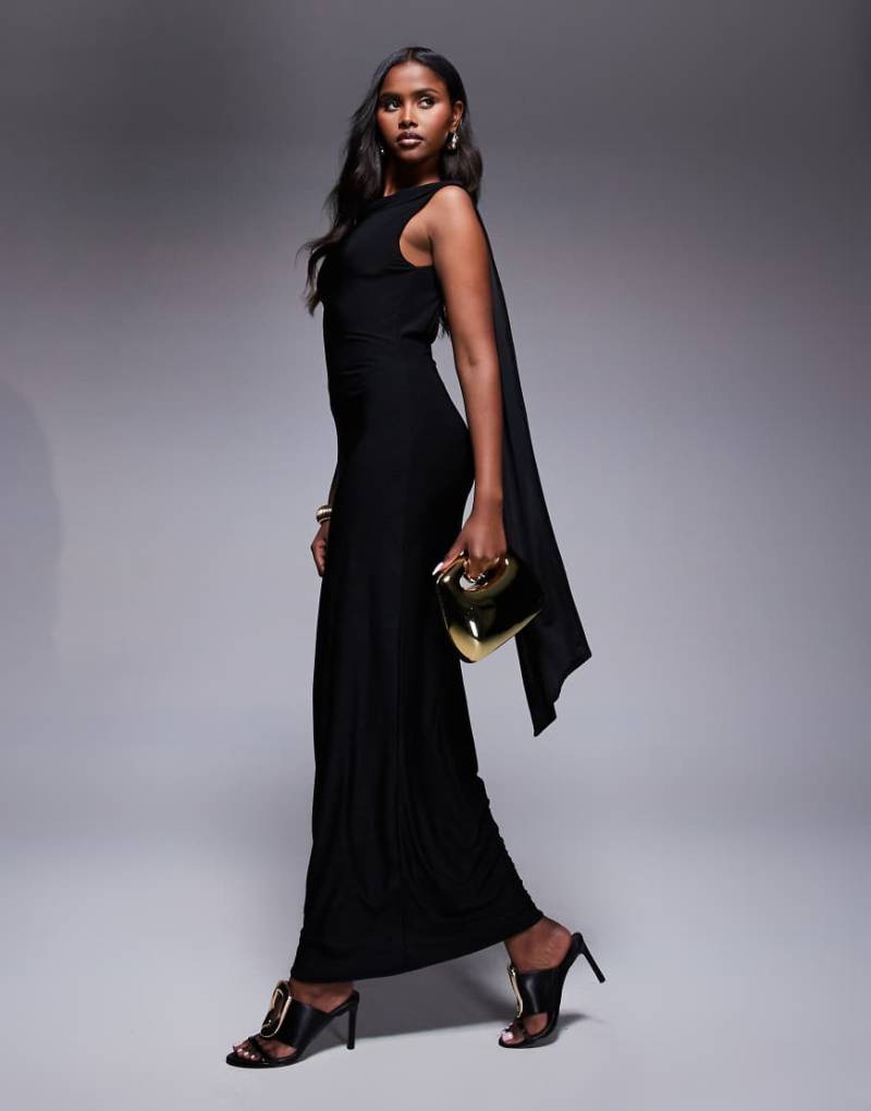 Fashionkilla - Doppellagiges, hochgeschlossenes Maxikleid aus anschmiegsamem Stoff in Schwarz mit formendem Design, Rückenausschnitt und Schärpen-Detail von Fashionkilla