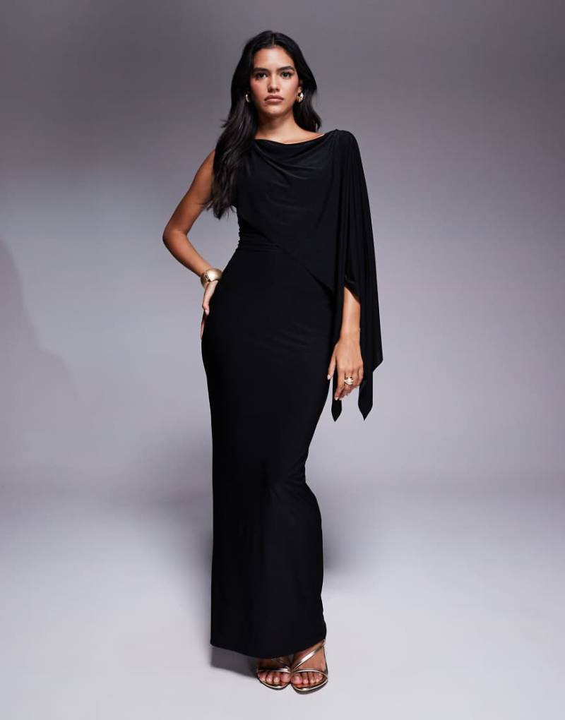 Fashionkilla - Figurformendes, anschmiegsames Maxikleid aus doppellagigem Stoff in Schwarz mit Cape-Design und Wasserfallausschnitt hinten von Fashionkilla