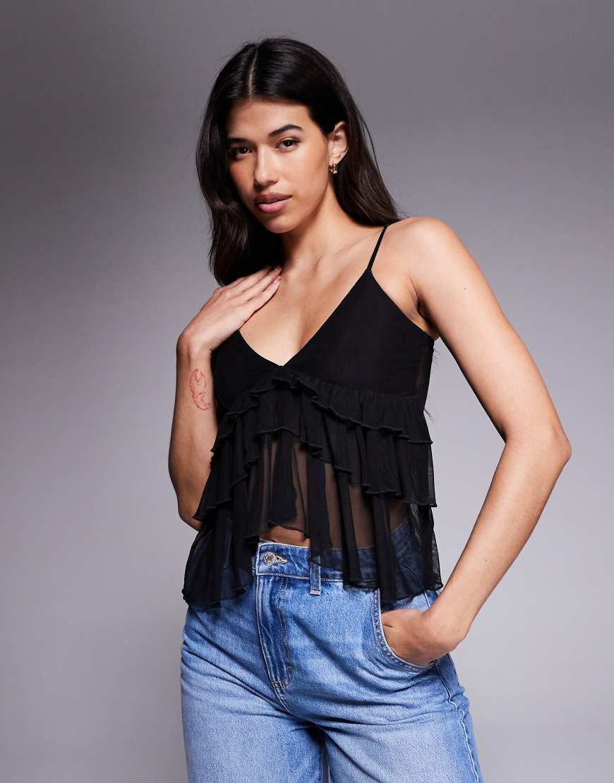 Fashionkilla - Gestuftes Camisole-Oberteil in Schwarz aus Netzstoff mit Rüschen an der Vorderseite von Fashionkilla