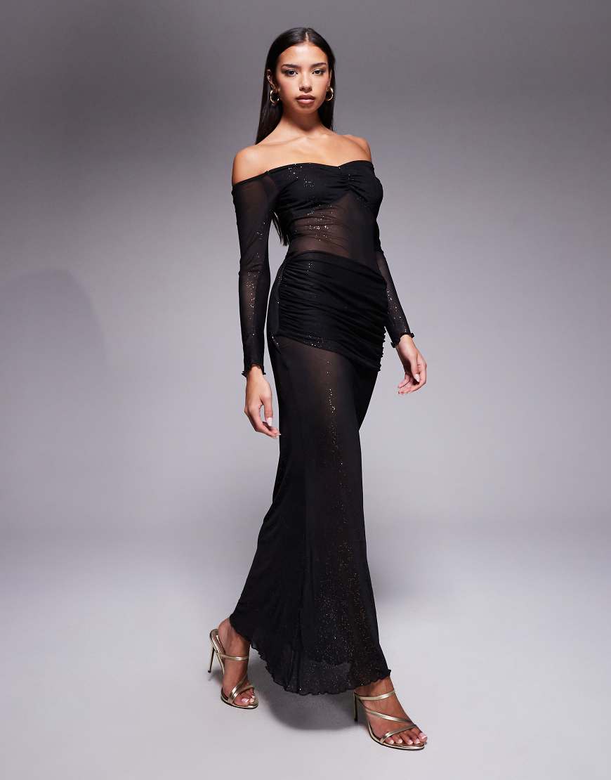 Fashionkilla - Langärmliges Maxikleid aus glitzerndem transparentem Netzstoff in Schwarz mit gerafften Einsatz von Fashionkilla