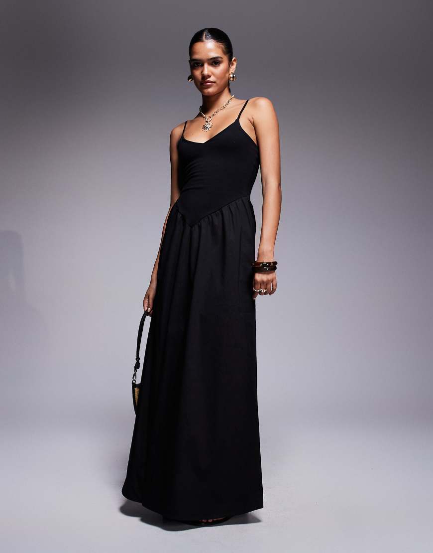 Fashionkilla - Maxikleid aus Baumwoll-Popeline-Mix in Schwarz mit V-Ausschnitt und tiefer Taille von Fashionkilla