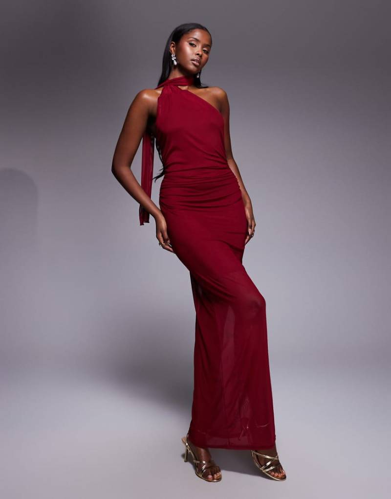 Fashionkilla - Maxikleid in Burgunderrot mit transparenter Überlage aus Netzstoff und Schal-Detail-Lila von Fashionkilla