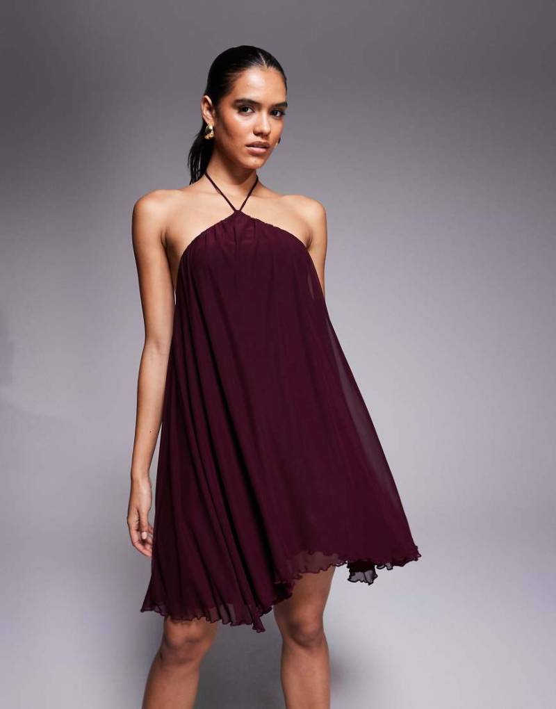 Fashionkilla - Neckholder-Babydoll-Minikleid in Pflaume mit Stufendesign und Netzstoff-Overlay-Lila von Fashionkilla