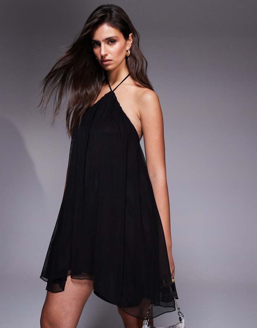 Fashionkilla - Neckholder-Babydoll-Minikleid in Schwarz mit Stufendesign und Netzstoff-Overlay von Fashionkilla