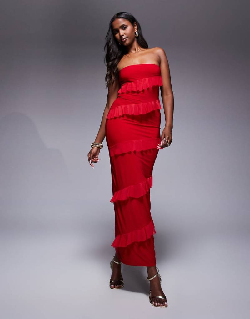 Fashionkilla - Trägerloses, figurformendes, anschmiegsames Maxikleid in Rot mit zweilagigem Design und Rüschen-Orange von Fashionkilla