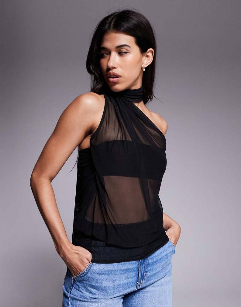 Fashionkilla - Transparentes Netzstoff-Oberteil in Schwarz mit Bindedetail am Hals von Fashionkilla
