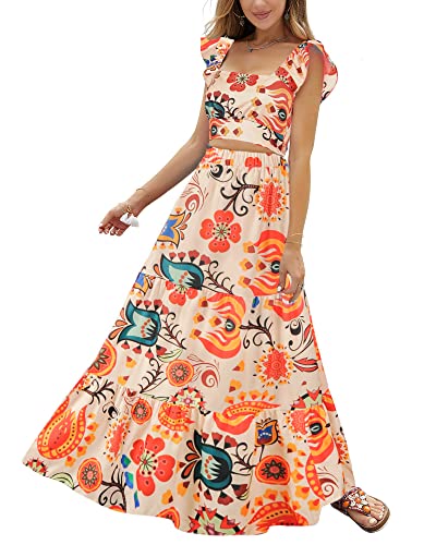 Fashionme 2-teiliges Damen-Maxikleid mit Blumenmuster, quadratischer Ausschnitt, Sommer, Urlaub, Strand (bauchfreies Tanktop + bodenlanger Rock), Beige Orange, XXL von Fashionme